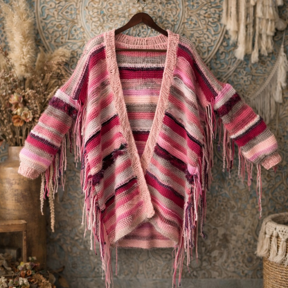 Scrappy Stripes Fringe Oversized Cardigan